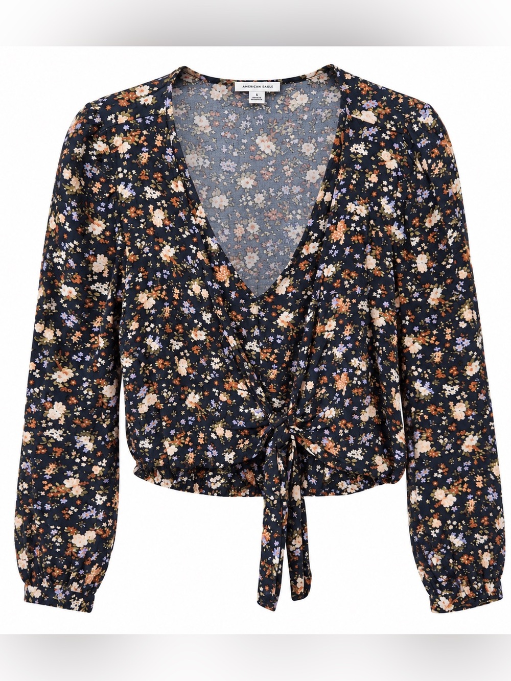American Eagle black floral tie front top, medium
